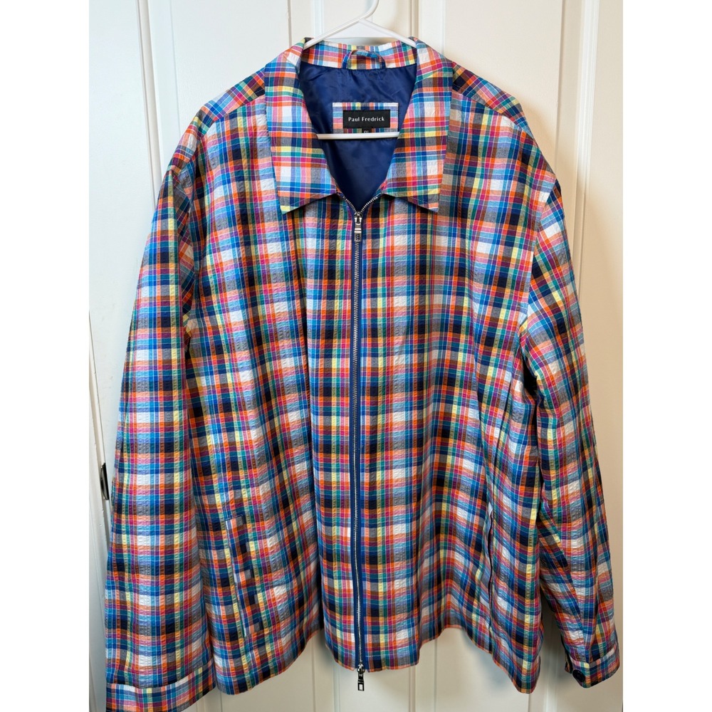 Paul Fredrick Mens Multi Color Plaid Seersucker Full Zip Jacket 4XL Big & Tall